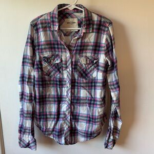 Abercrombie girls cozy plaid flannel shirt size small 6 pink blue cream pockets